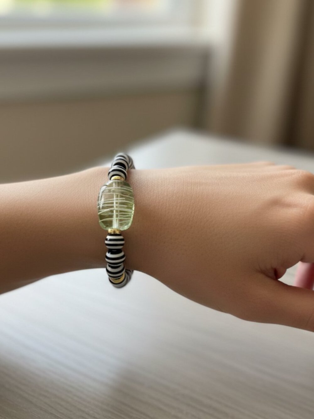 Graphic Black & White Stripe Stretch Bracelet with Lime Green Focal Bead